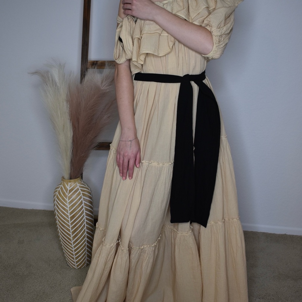 Elegant Cream Maxi Dress with Black Belt